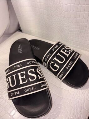 Guess Black and White Logo Slide Sandals